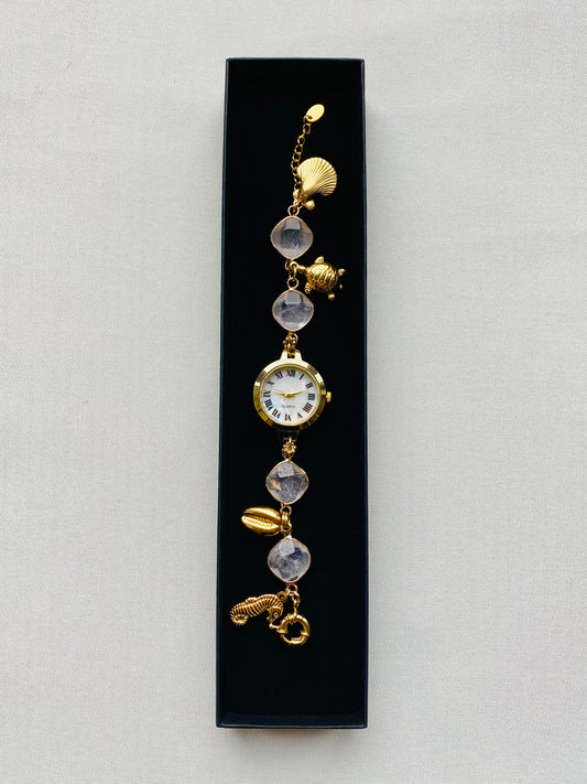 Gold Charm Watch with Clear Quartz