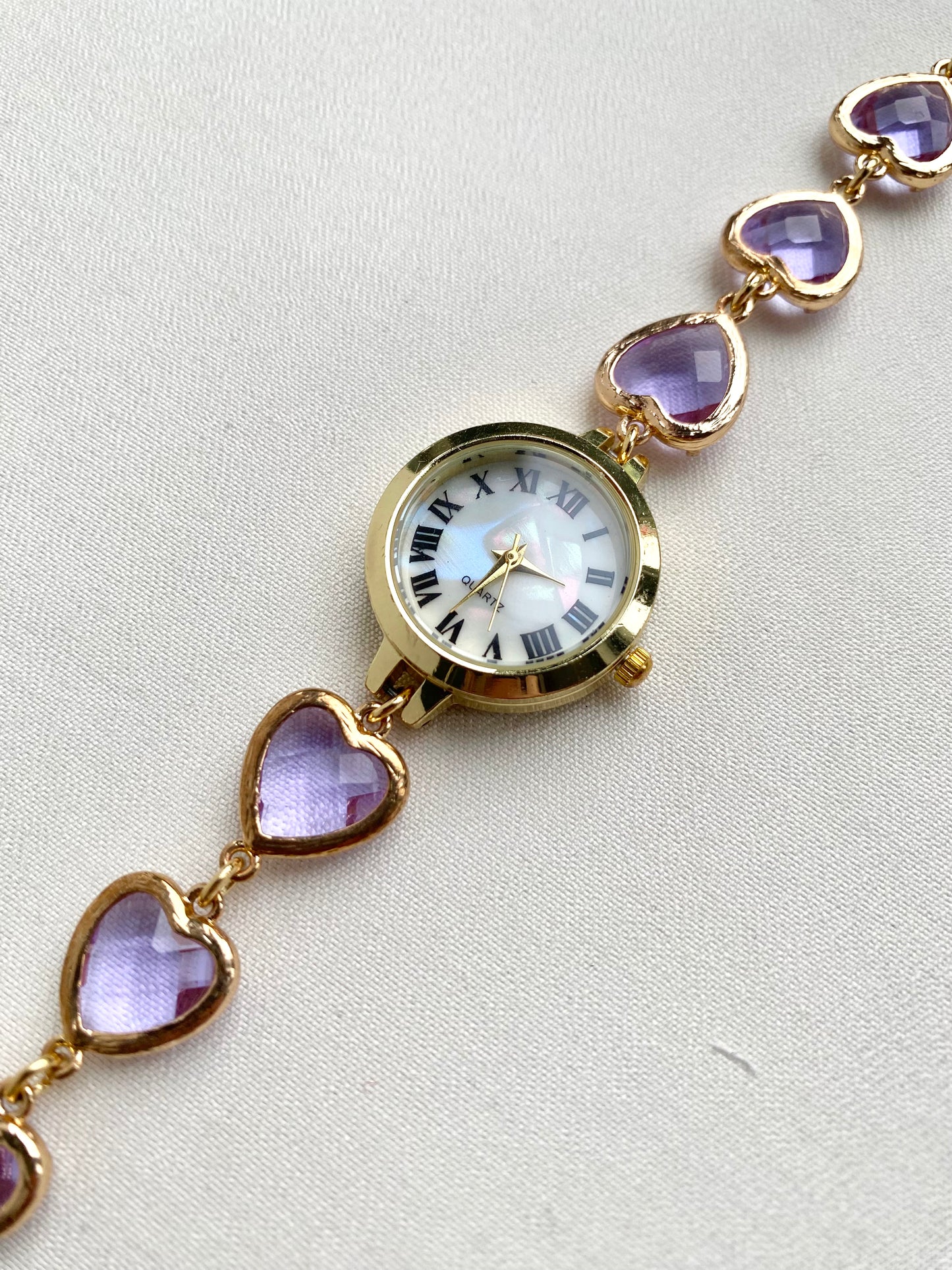 Gold Watch with Lilac Heart Glass Strap