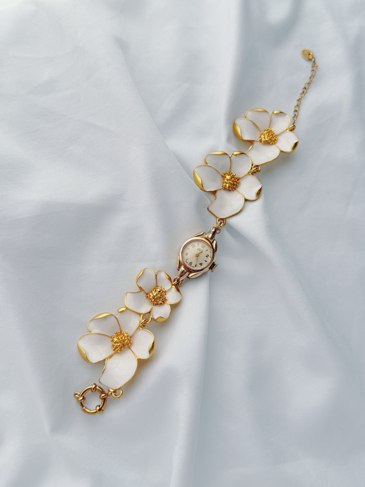 Gold - White Enamel Flower Bracelet Watch
