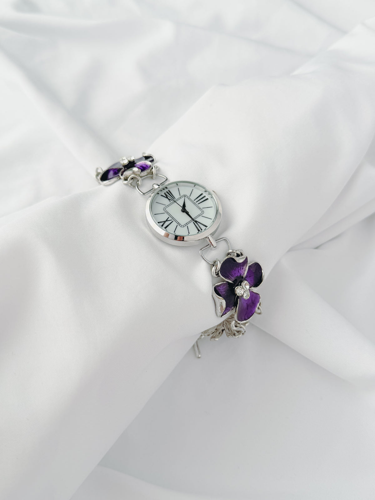 Silver - Purple Floral Statement Watch