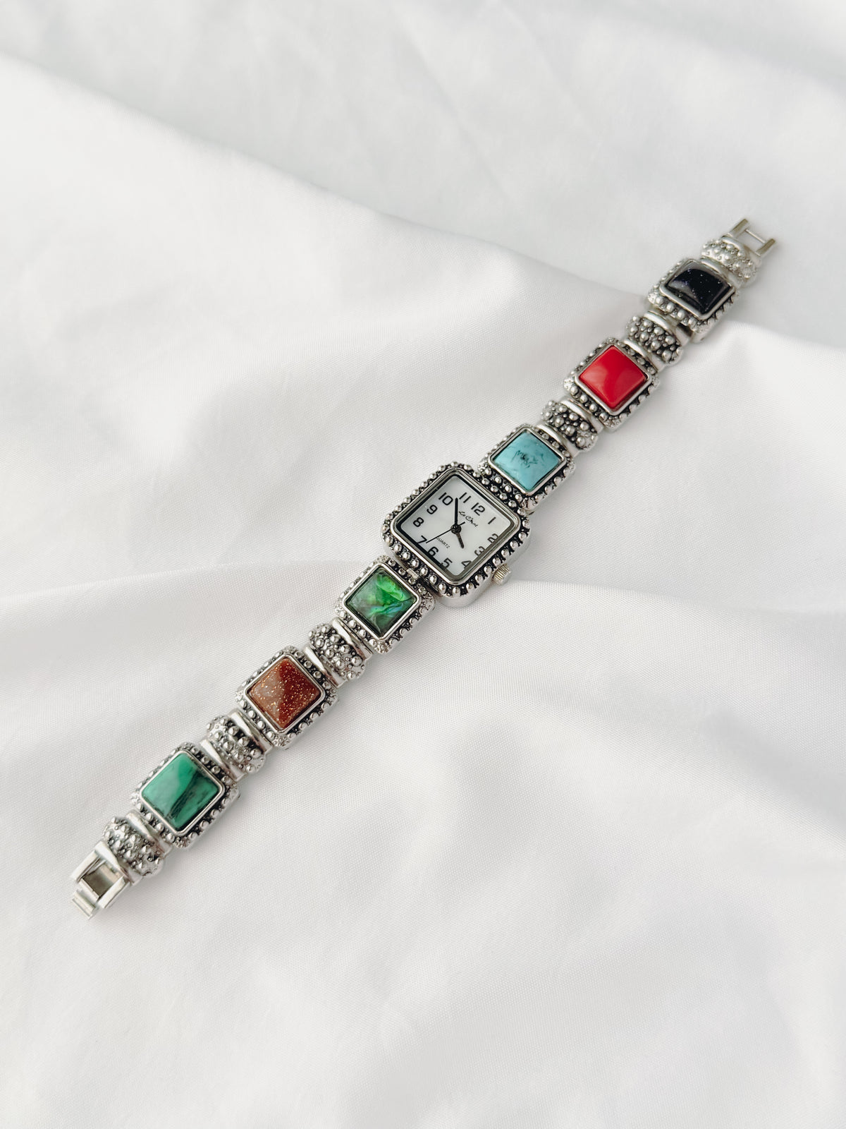 Silver - Multicolour Stone Bracelet Watch (1970s)