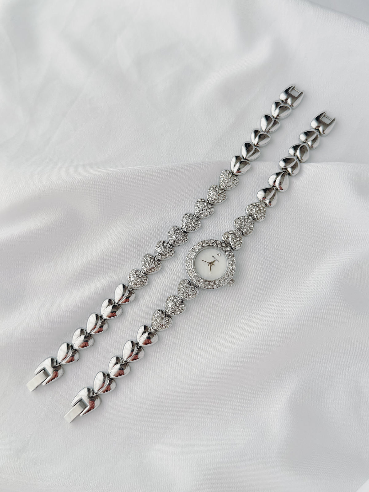 Silver - Crystal Heart Bracelet Watch & Bracelet Set