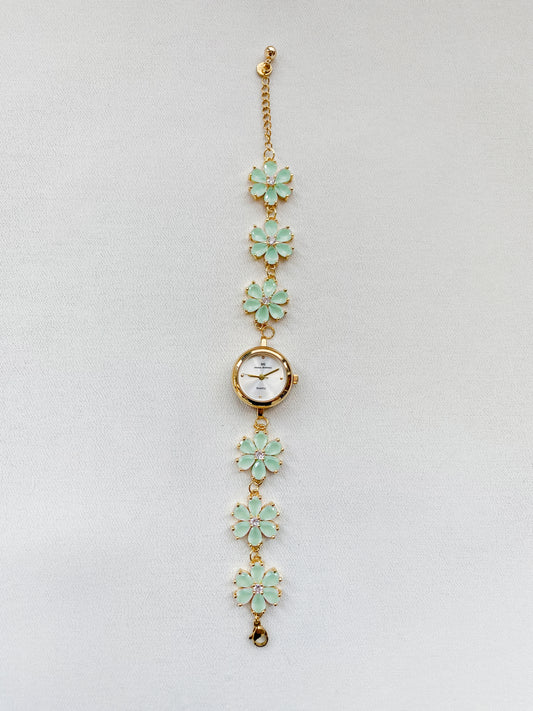 Gold - Aquamarine Jade Crystal Flower Watch