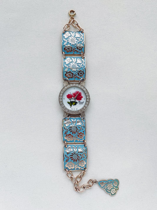 Floral Dial Watch with Blue Enamel Panels