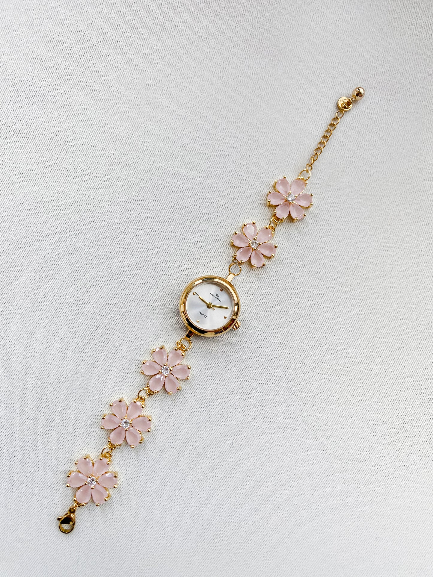 Gold - Pink Jade Crystal Flower Watch