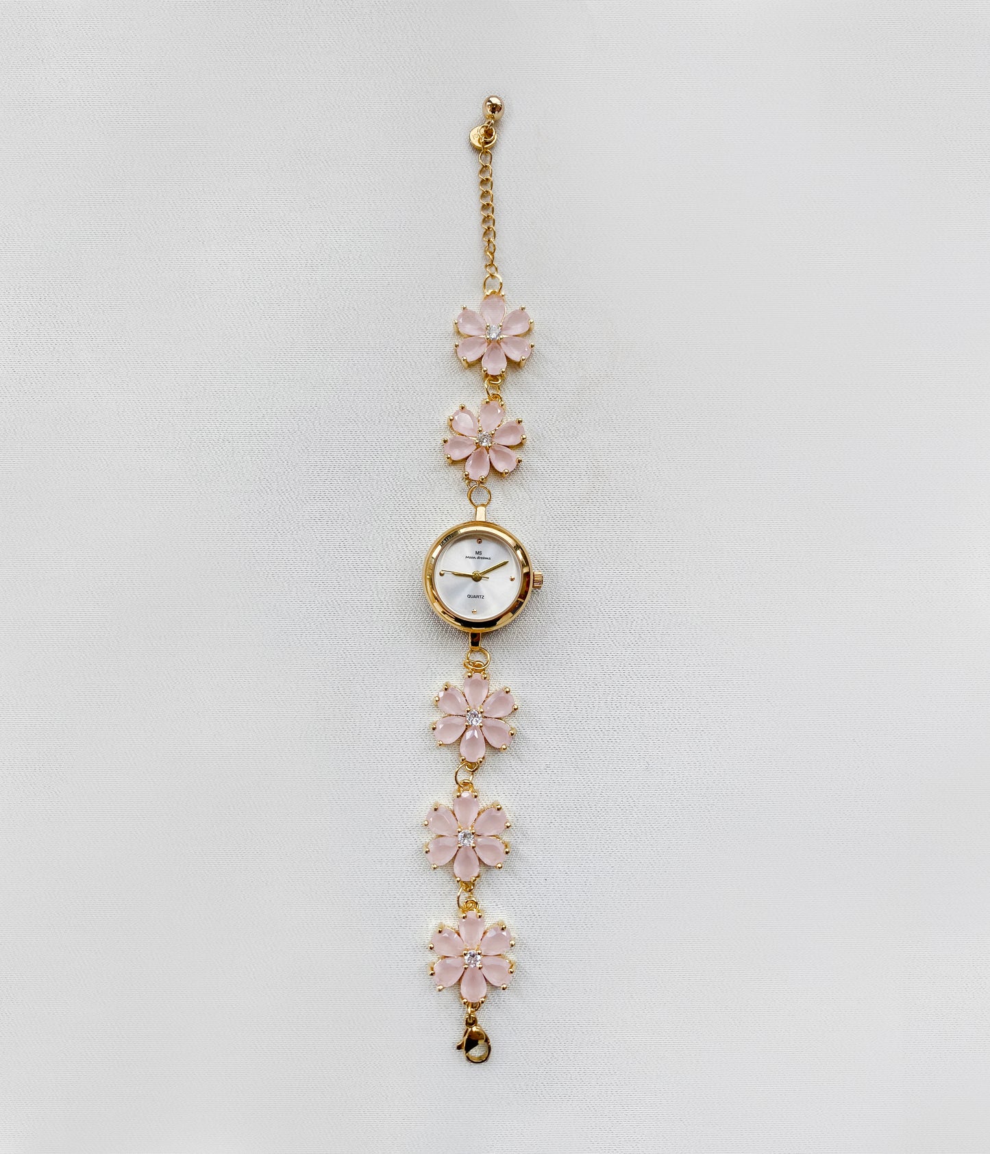 Gold - Pink Jade Crystal Flower Watch