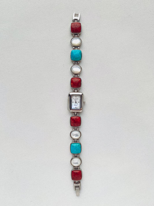 Silver - Rectangular Dial Multicolour Stone Watch