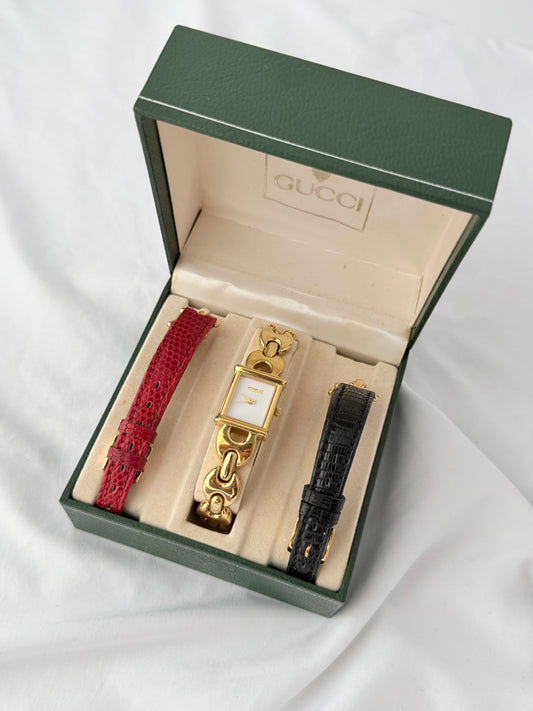 Rare Gucci 1800L Watch Gold Plated Bracelet 2xLeather Straps