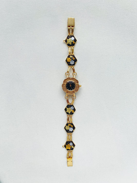 Gold - Enamel Floral Panel Watch