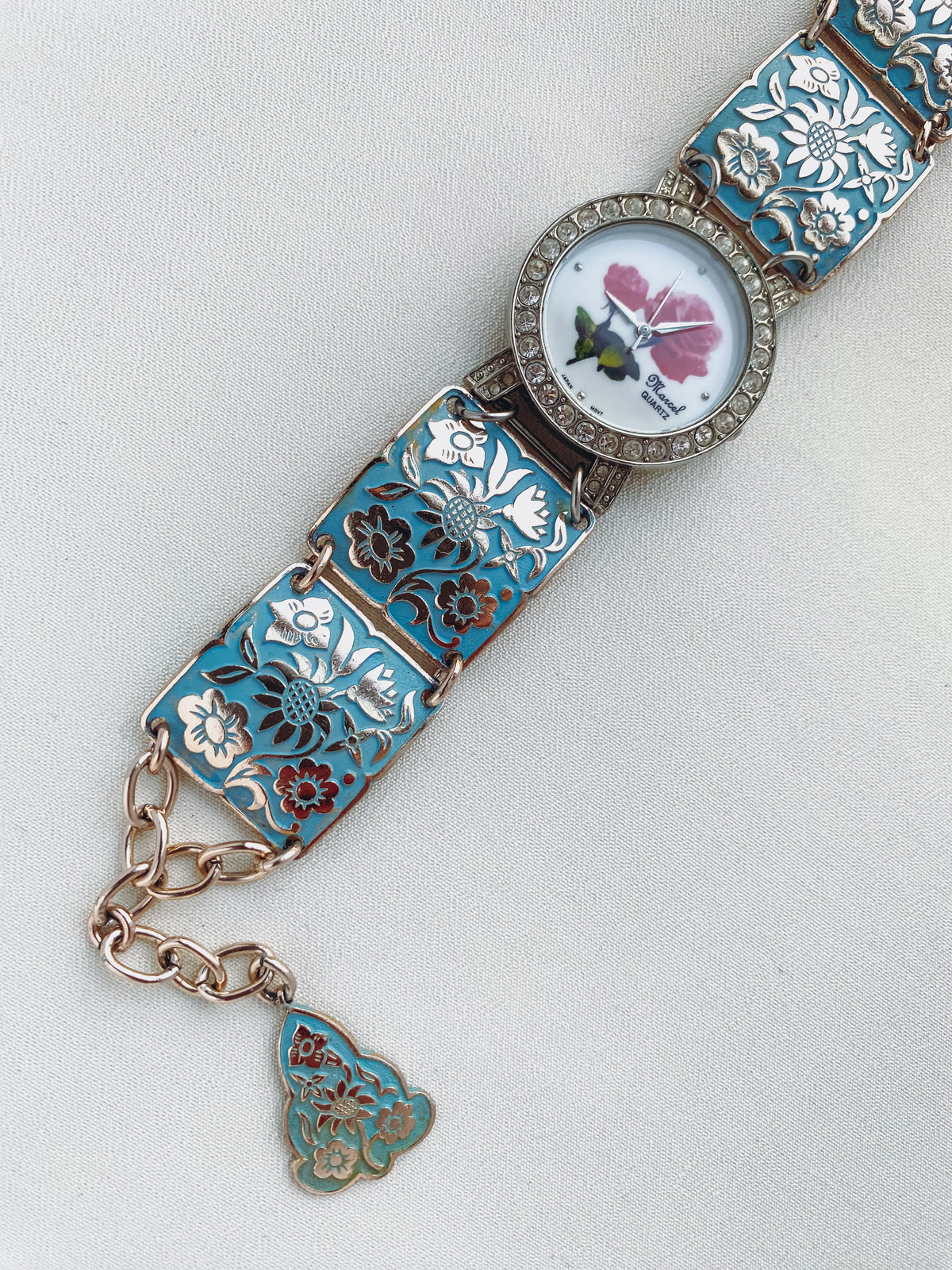 Floral Dial Watch with Blue Enamel Panels