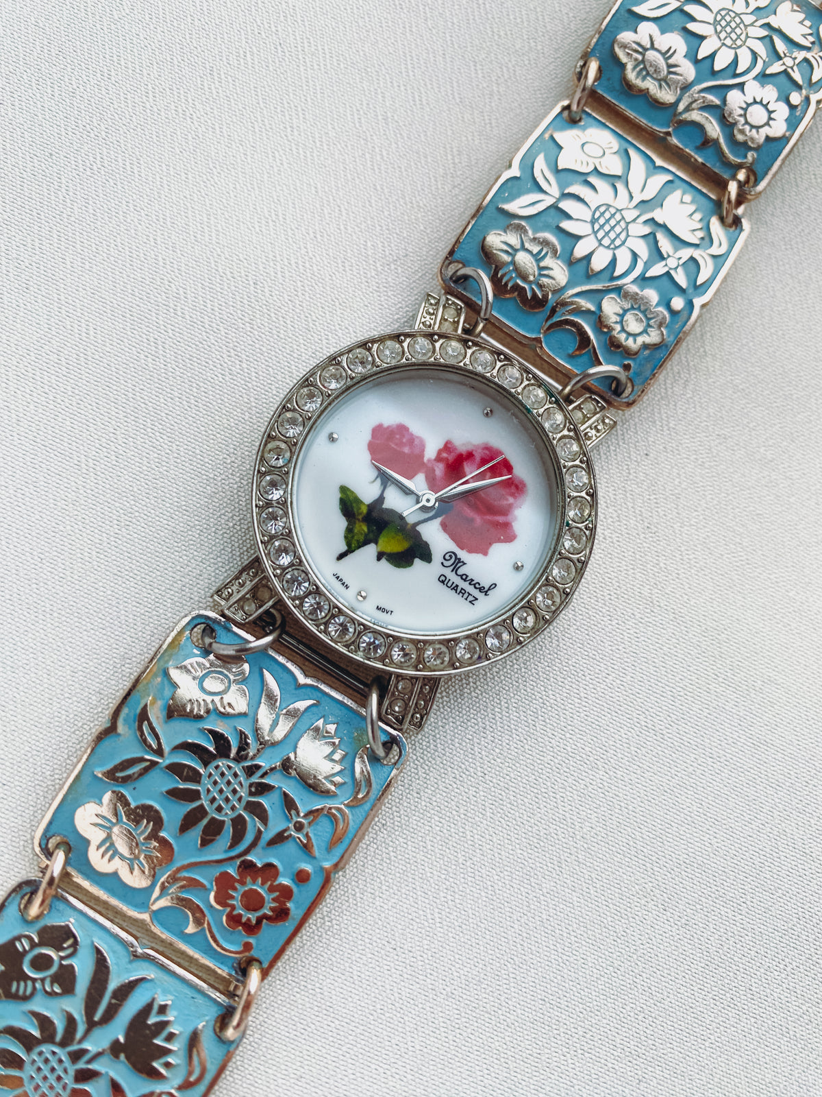 Floral Dial Watch with Blue Enamel Panels