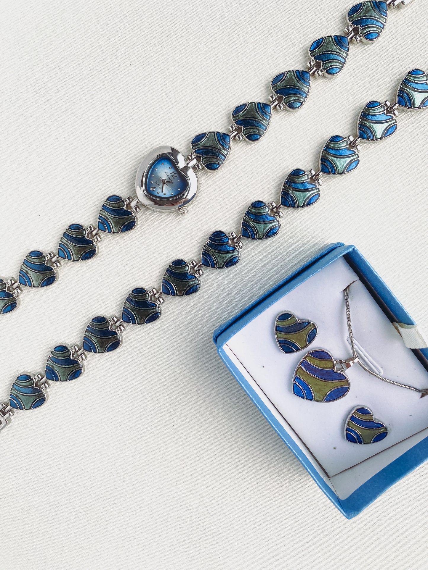Silver - Blue Enamel Heart Watch & Jewellery Set