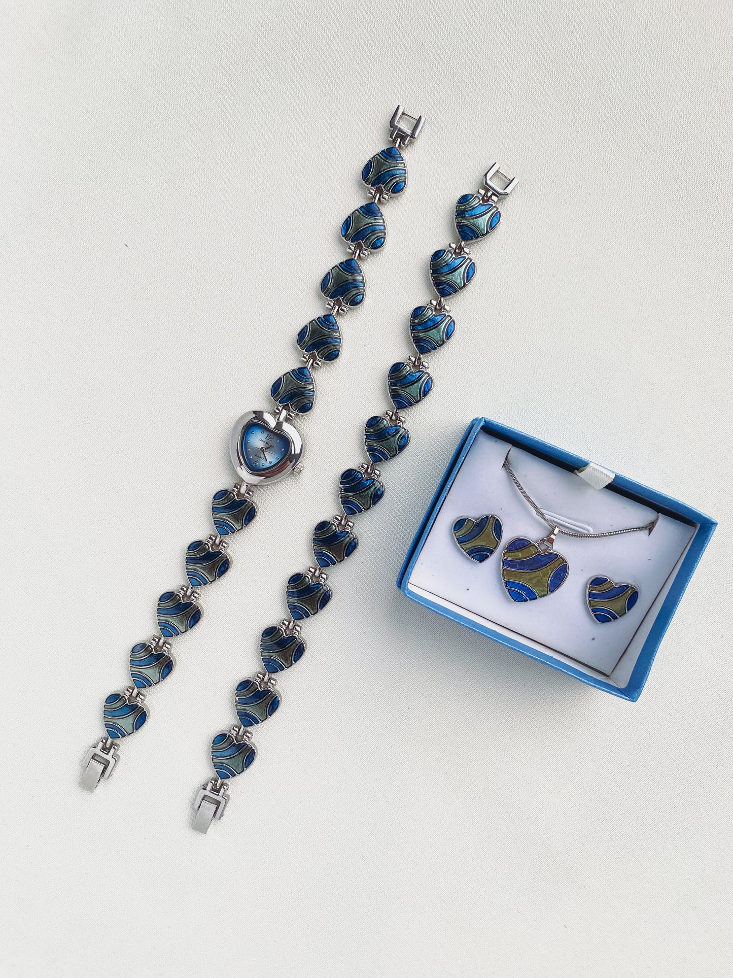 Silver - Blue Enamel Heart Watch & Jewellery Set