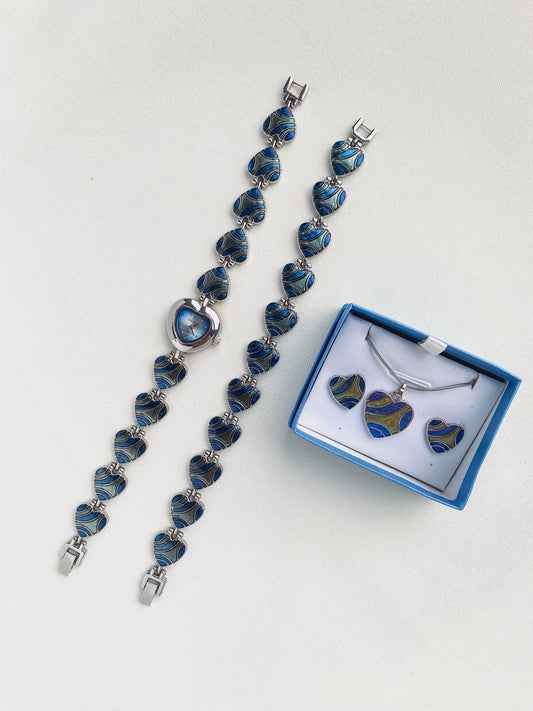 Silver - Blue Enamel Heart Watch & Jewellery Set