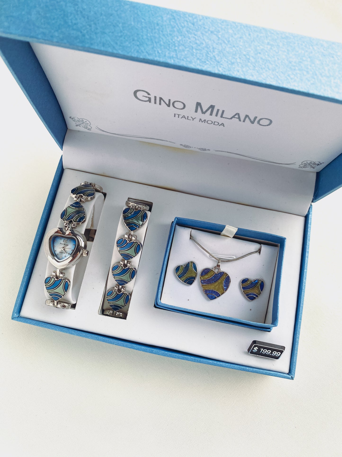 Silver - Blue Enamel Heart Watch & Jewellery Set