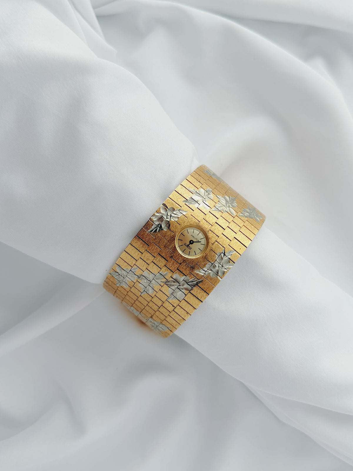 Gold -  EXTREMELY RARE 1970s Palisa Two-Tone Floral Wide Cuff Watch