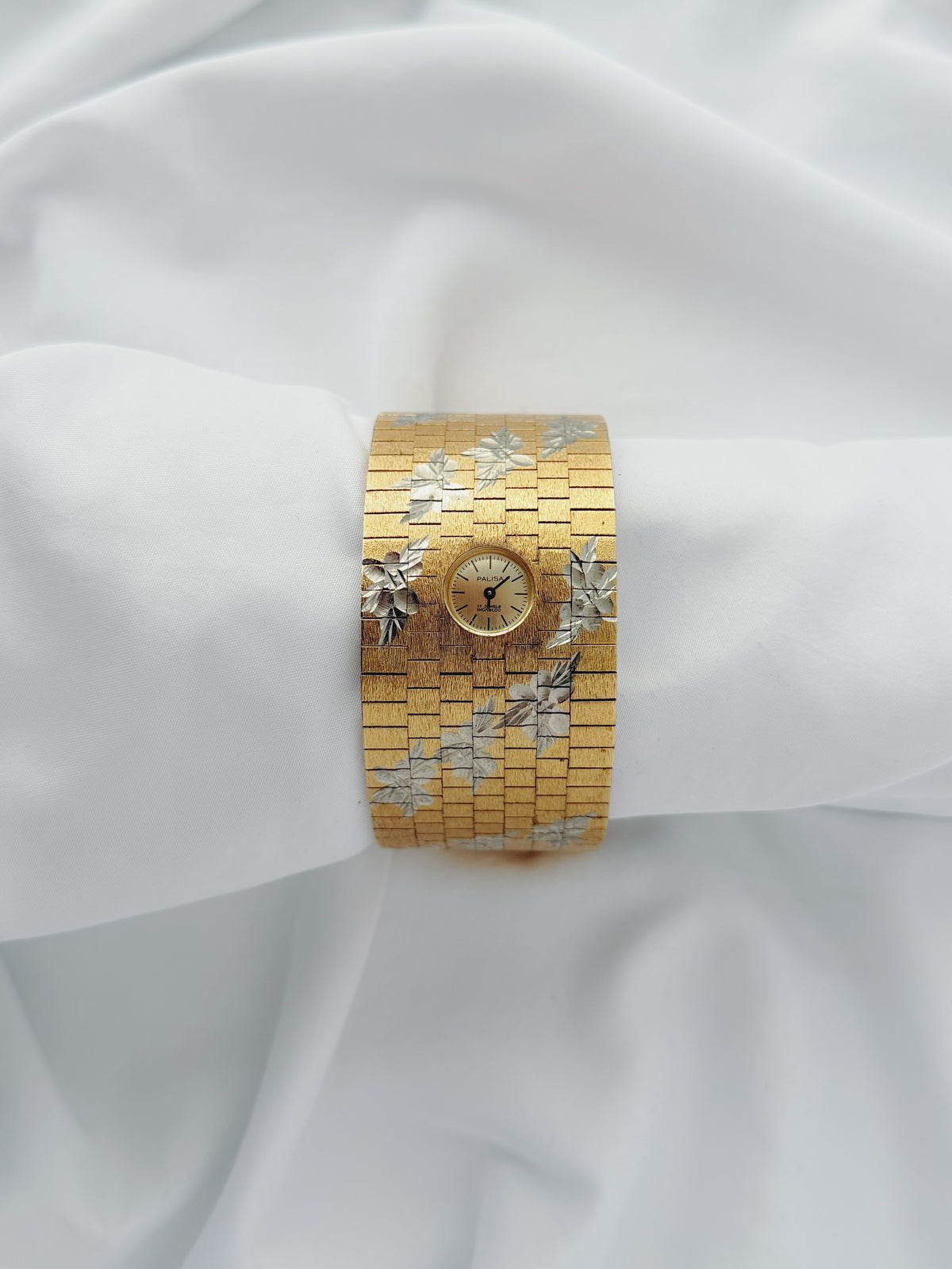 Gold -  EXTREMELY RARE 1970s Palisa Two-Tone Floral Wide Cuff Watch