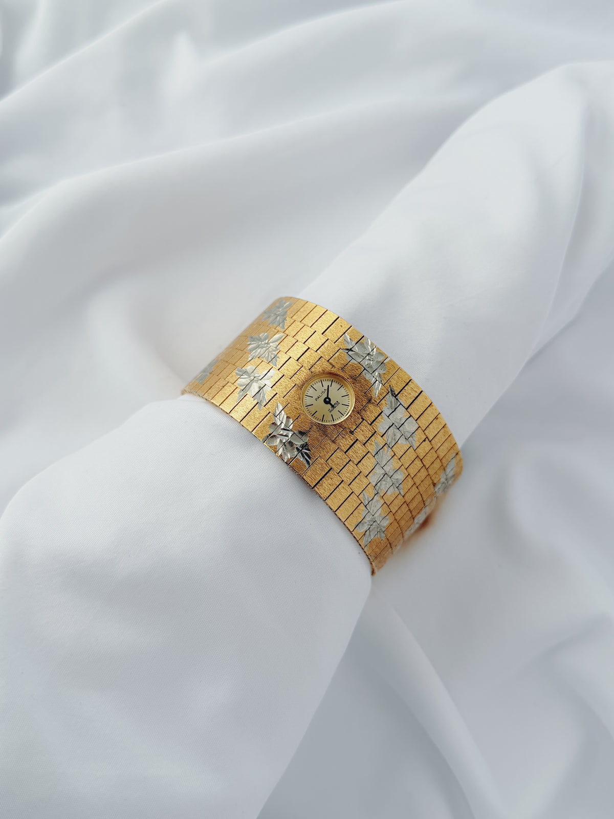 Gold -  EXTREMELY RARE 1970s Palisa Two-Tone Floral Wide Cuff Watch
