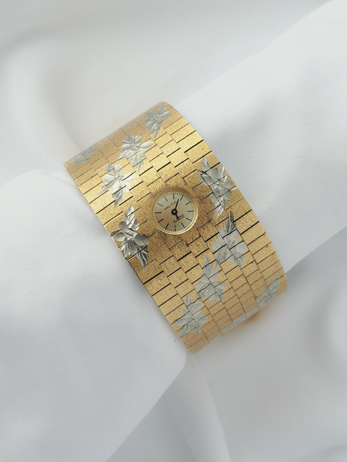 Gold -  EXTREMELY RARE 1970s Palisa Two-Tone Floral Wide Cuff Watch