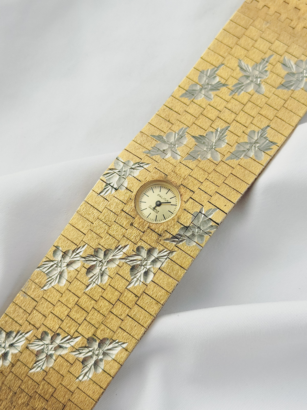 Gold -  EXTREMELY RARE 1970s Palisa Two-Tone Floral Wide Cuff Watch