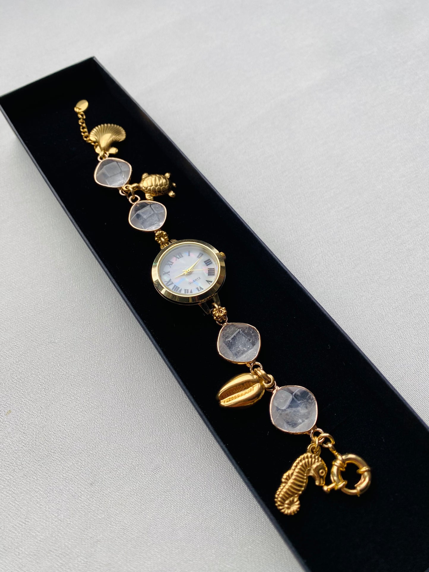 Gold Charm Watch with Clear Quartz