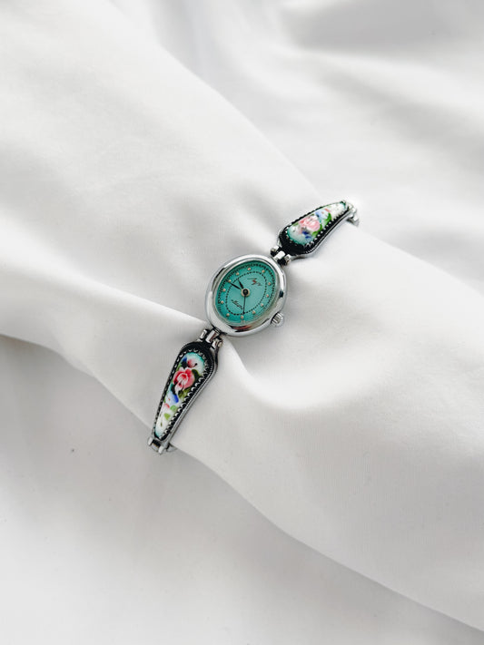 Silver - 1970s Blue Dial Porcelain Watch