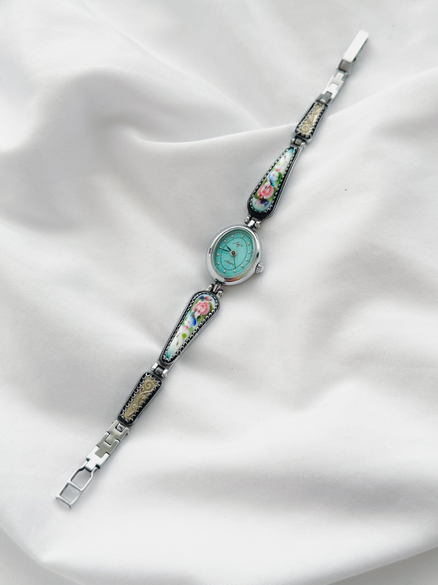 Silver - 1970s Blue Dial Porcelain Watch