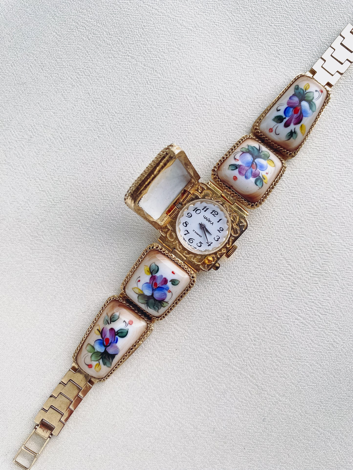 Gold - 1970s Hand-Painted Porcelain Watch