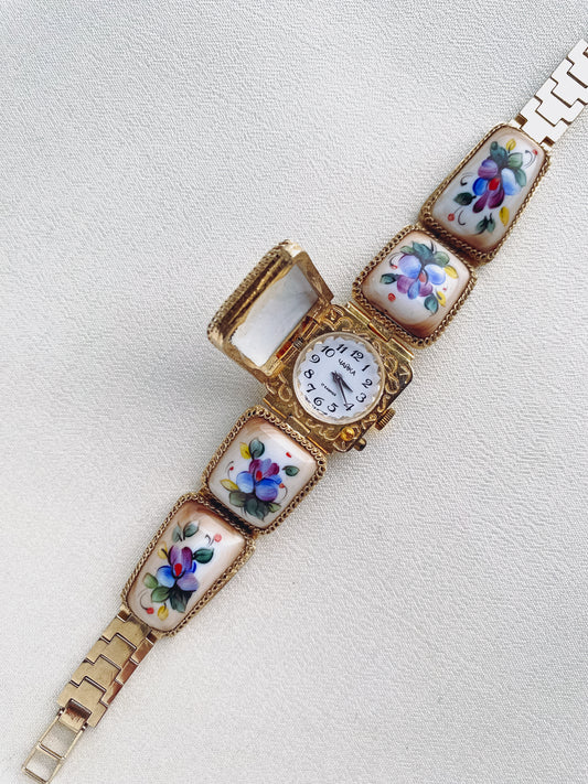 Gold - 1970s Hand-Painted Porcelain Watch