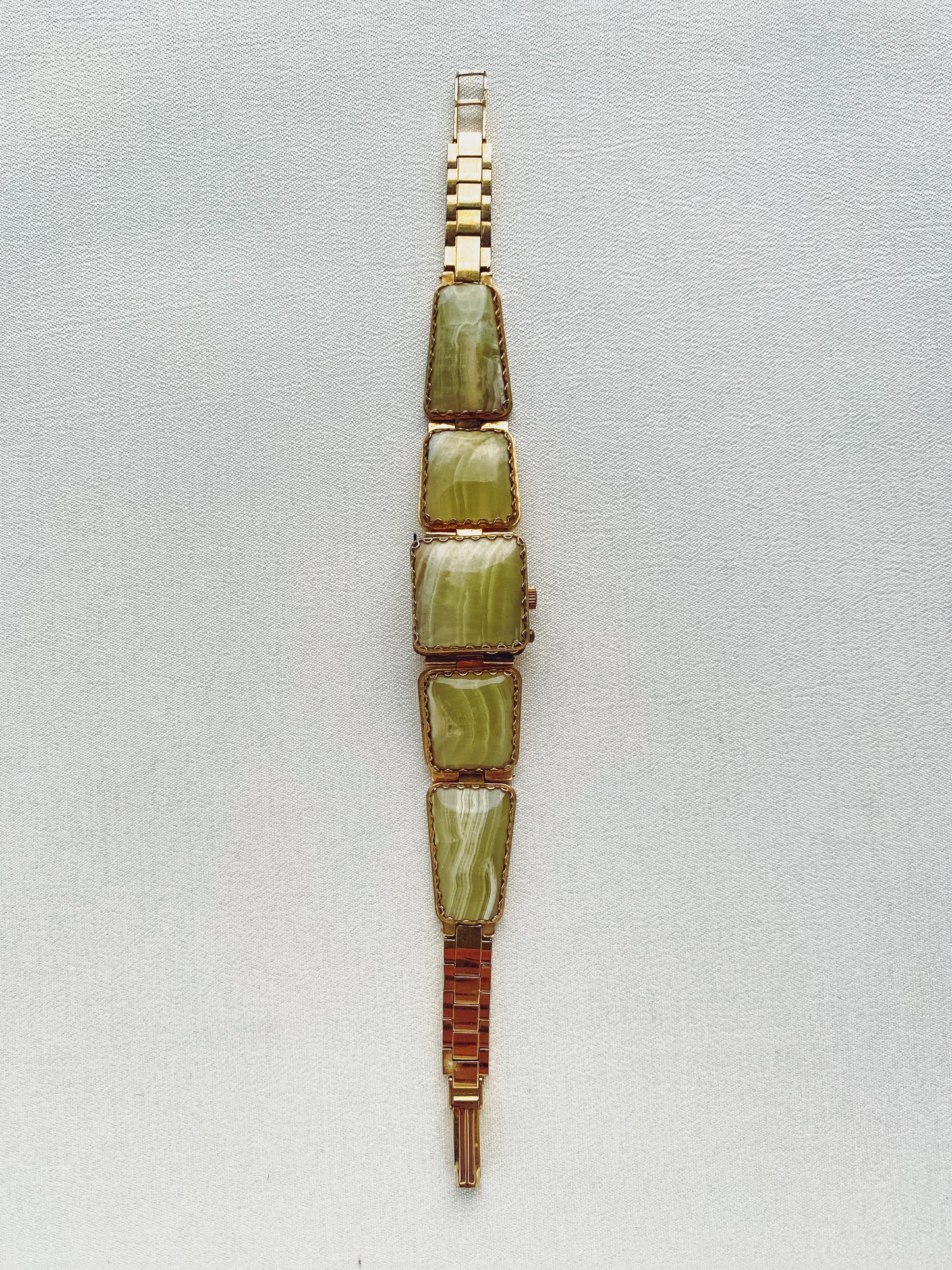 Gold - 1970s Green Onyx Gemstone Watch