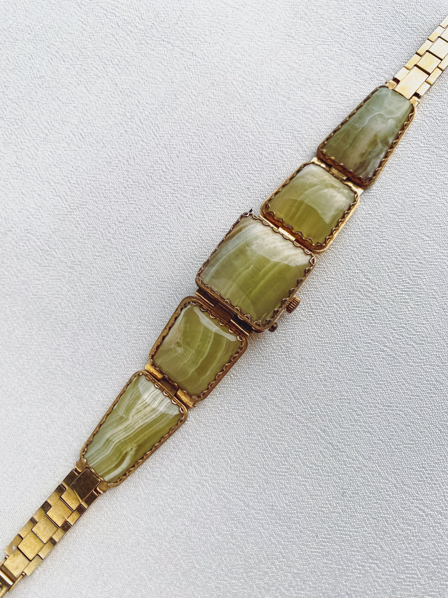 Gold - 1970s Green Onyx Gemstone Watch