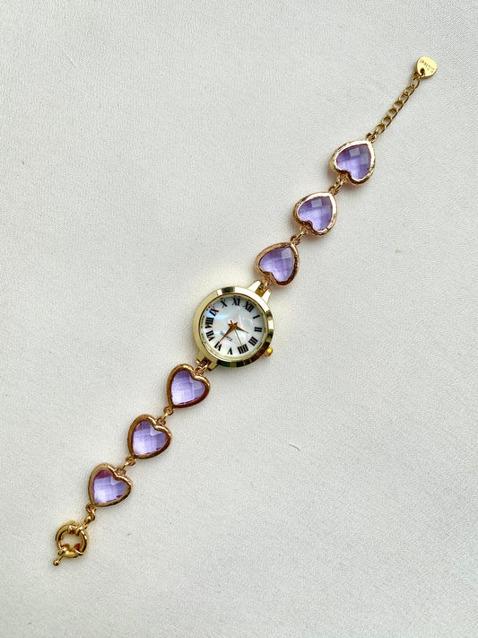 Gold Watch with Lilac Heart Glass Strap