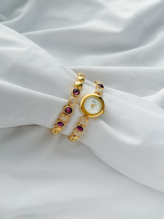 Gold - Purple Stone Watch & Matching Bracelet
