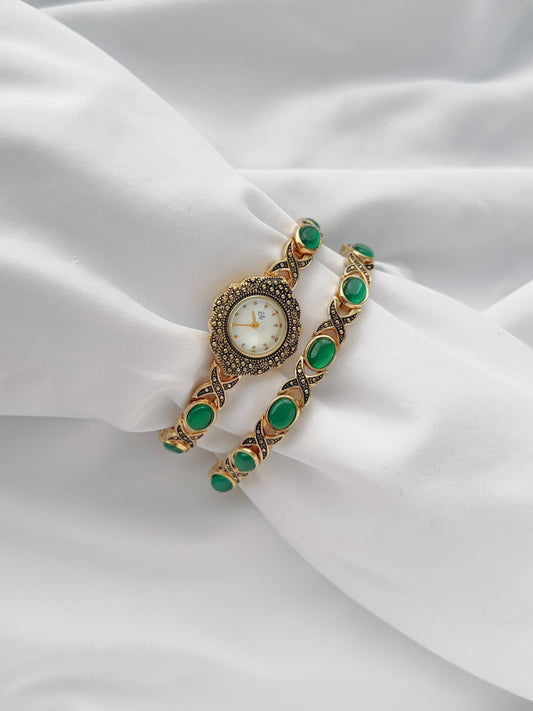 Gold - Green Stone Watch & Matching Bracelet