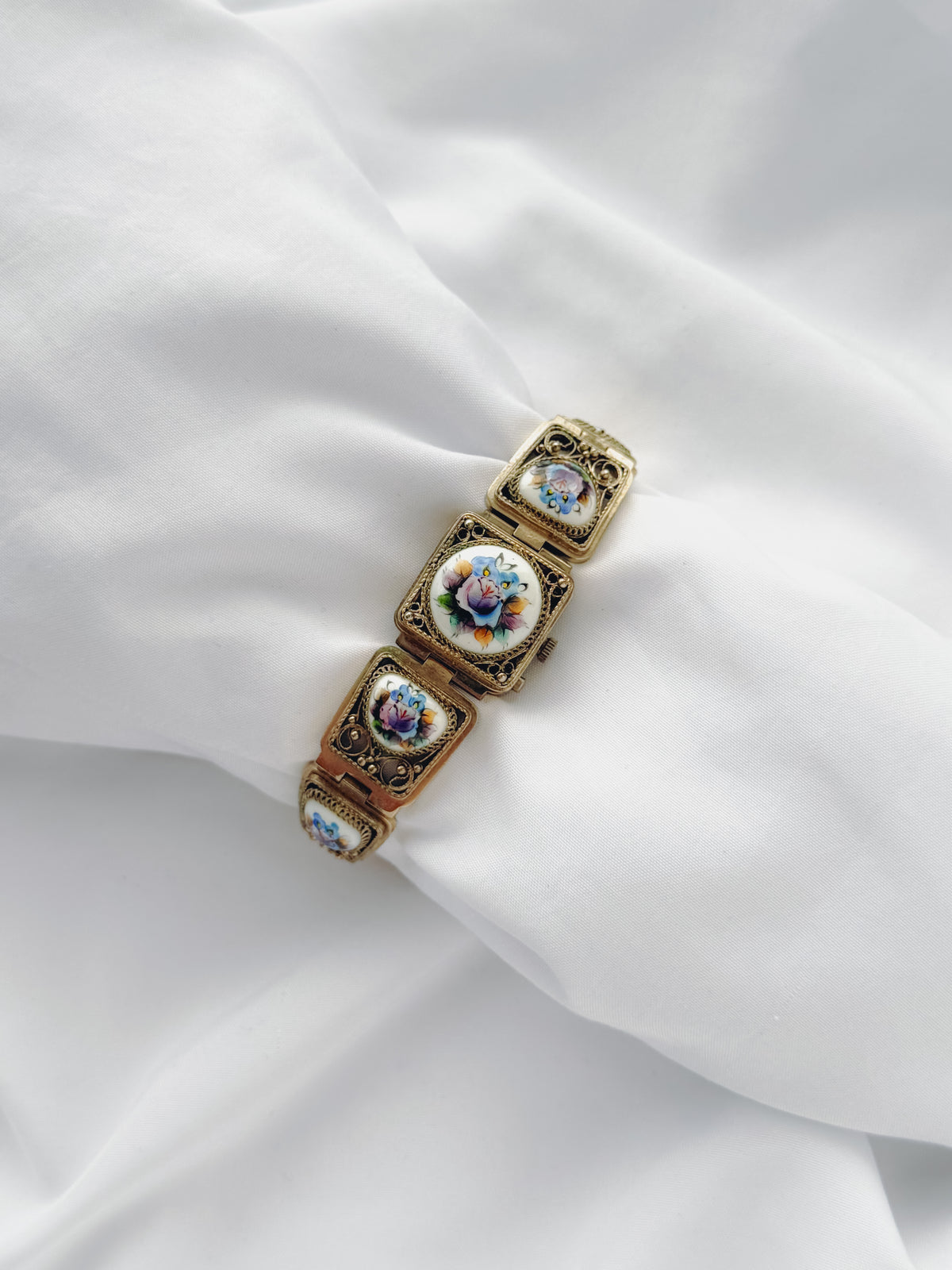 Gold - RARE 1970s Floral Porcelain Watch