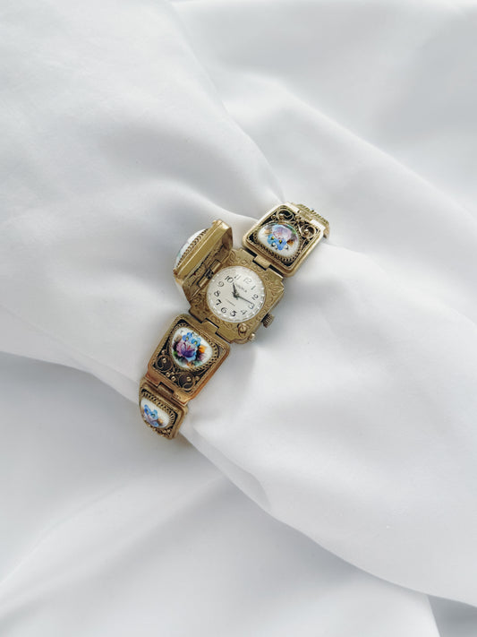 Gold - RARE 1970s Floral Porcelain Watch