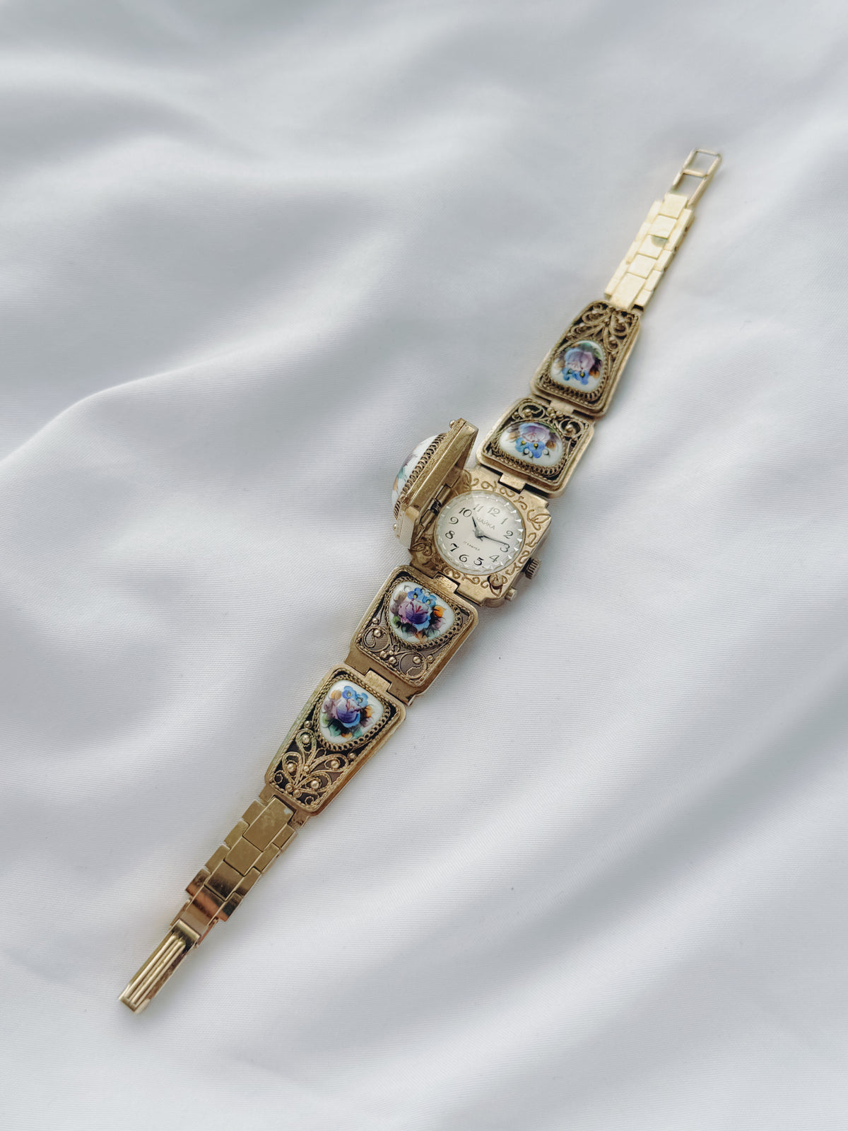 Gold - RARE 1970s Floral Porcelain Watch