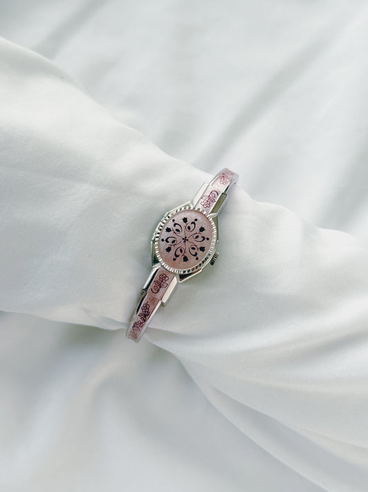 Silver - Floral Hidden Dial Bangle Watch
