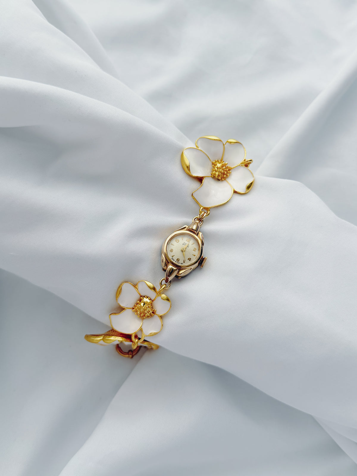 Gold - White Enamel Flower Bracelet Watch