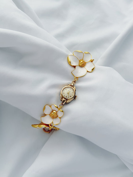 Gold - White Enamel Flower Bracelet Watch
