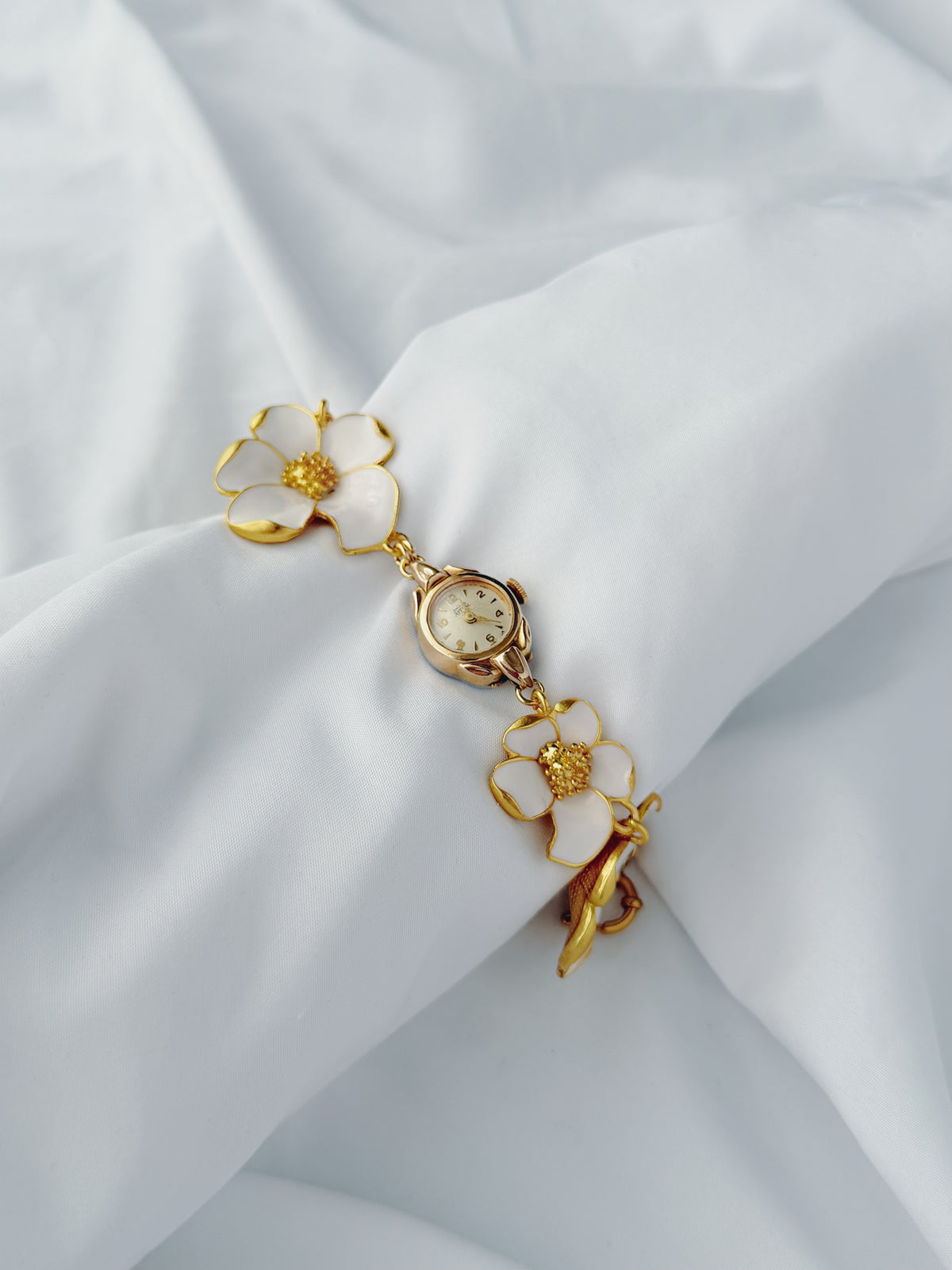 Gold - White Enamel Flower Bracelet Watch