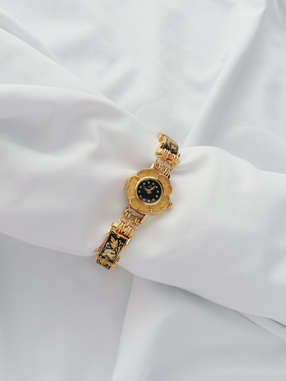 Gold - Black Enamel Bird & Floral Watch