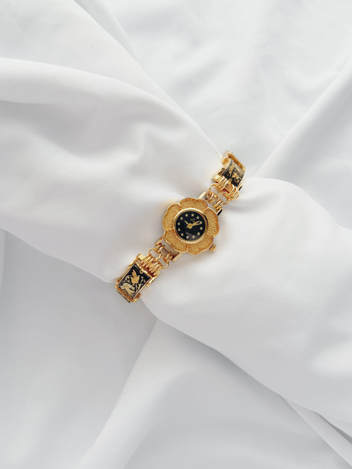 Gold - Black Enamel Bird & Floral Watch