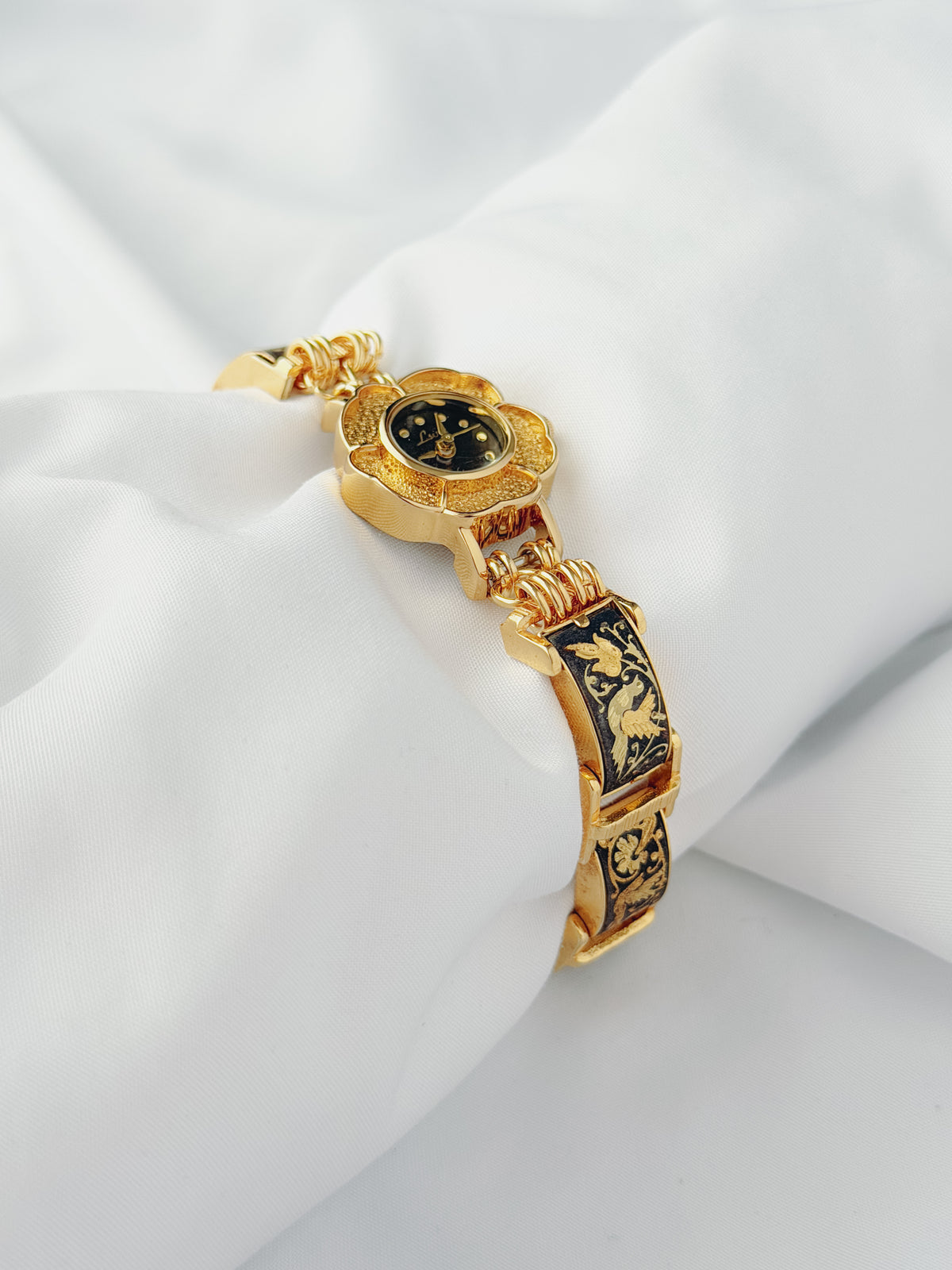 Gold - Black Enamel Bird & Floral Watch