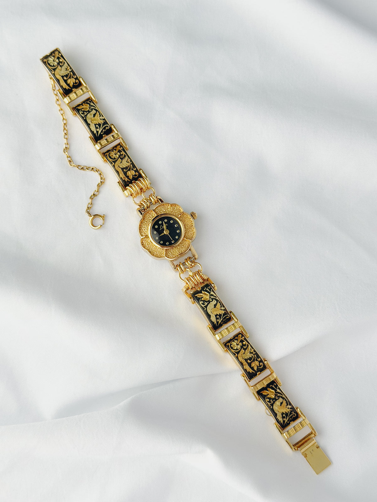 Gold - Black Enamel Bird & Floral Watch