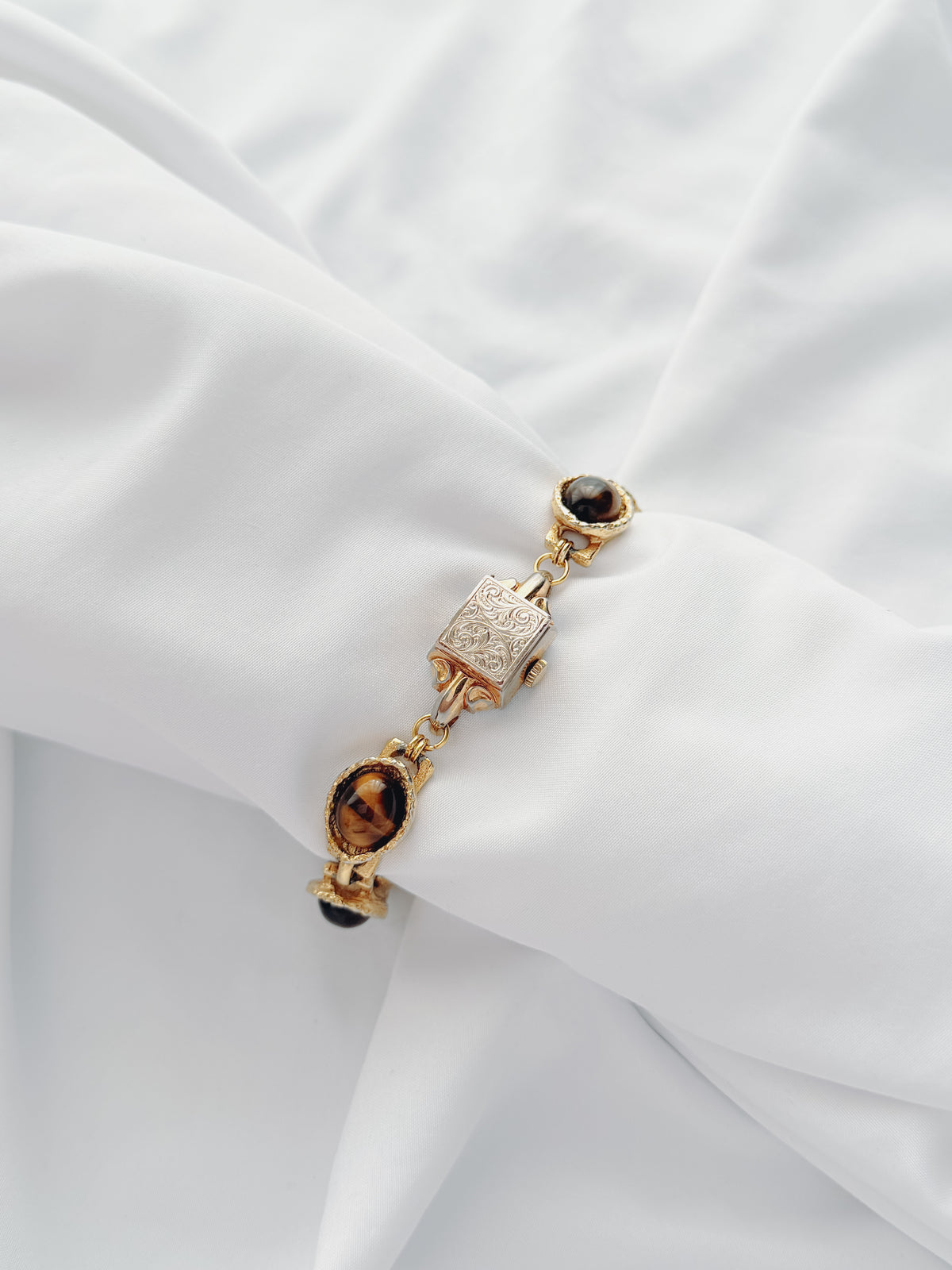 Gold - Hidden Dial Watch With Tiger Eye Bracelet