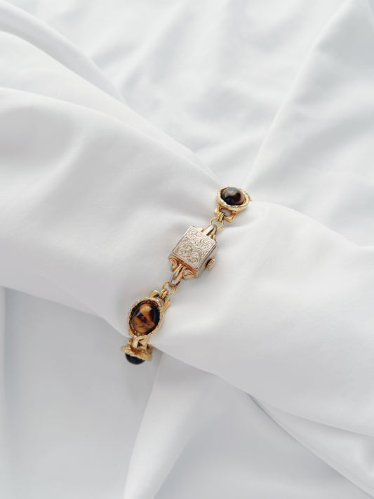 Gold - Hidden Dial Watch With Tiger Eye Bracelet