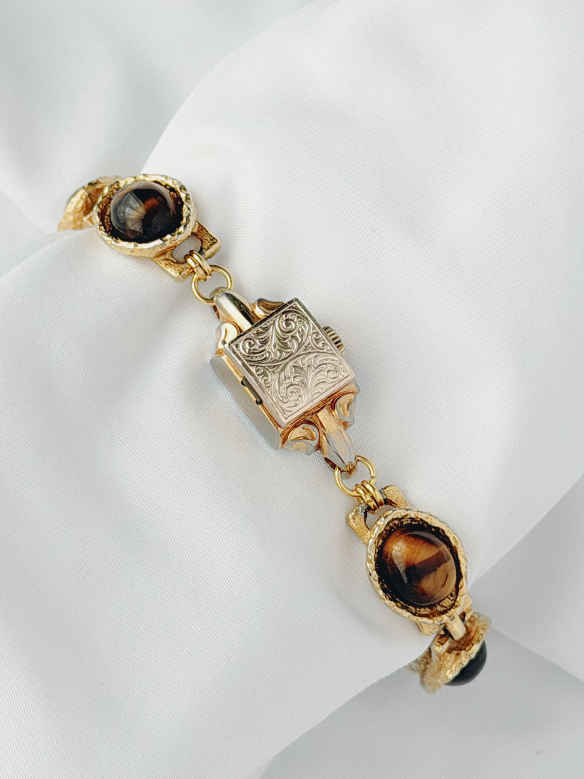 Gold - Hidden Dial Watch With Tiger Eye Bracelet