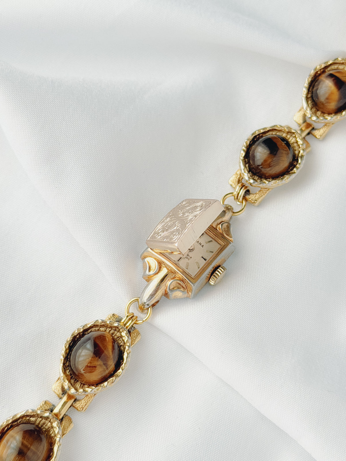 Gold - Hidden Dial Watch With Tiger Eye Bracelet