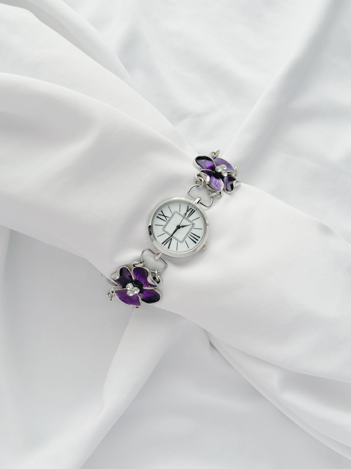 Silver - Purple Floral Statement Watch